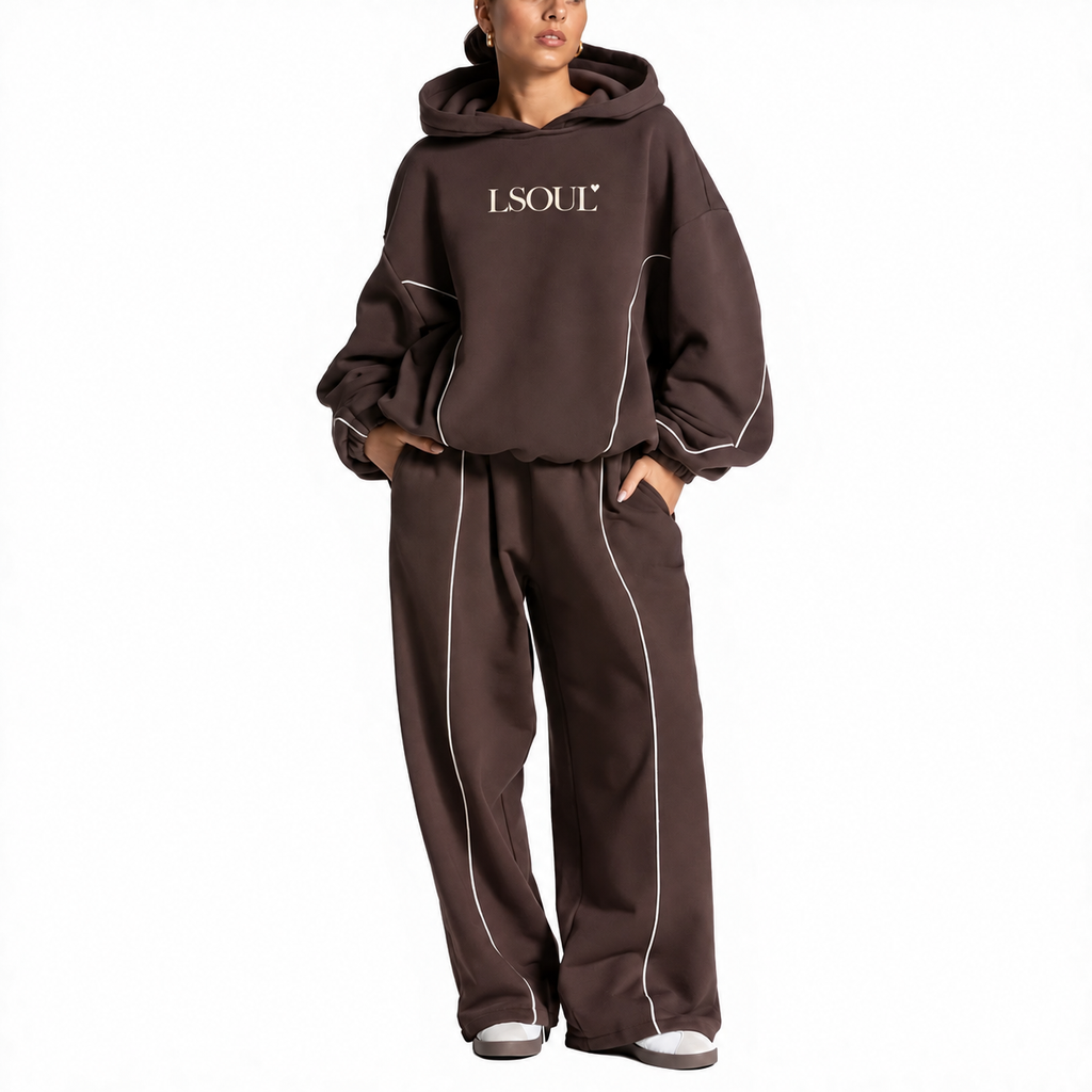 Brown hoodie and pants set with ivory LSOUL heart chest logo; digital mockup