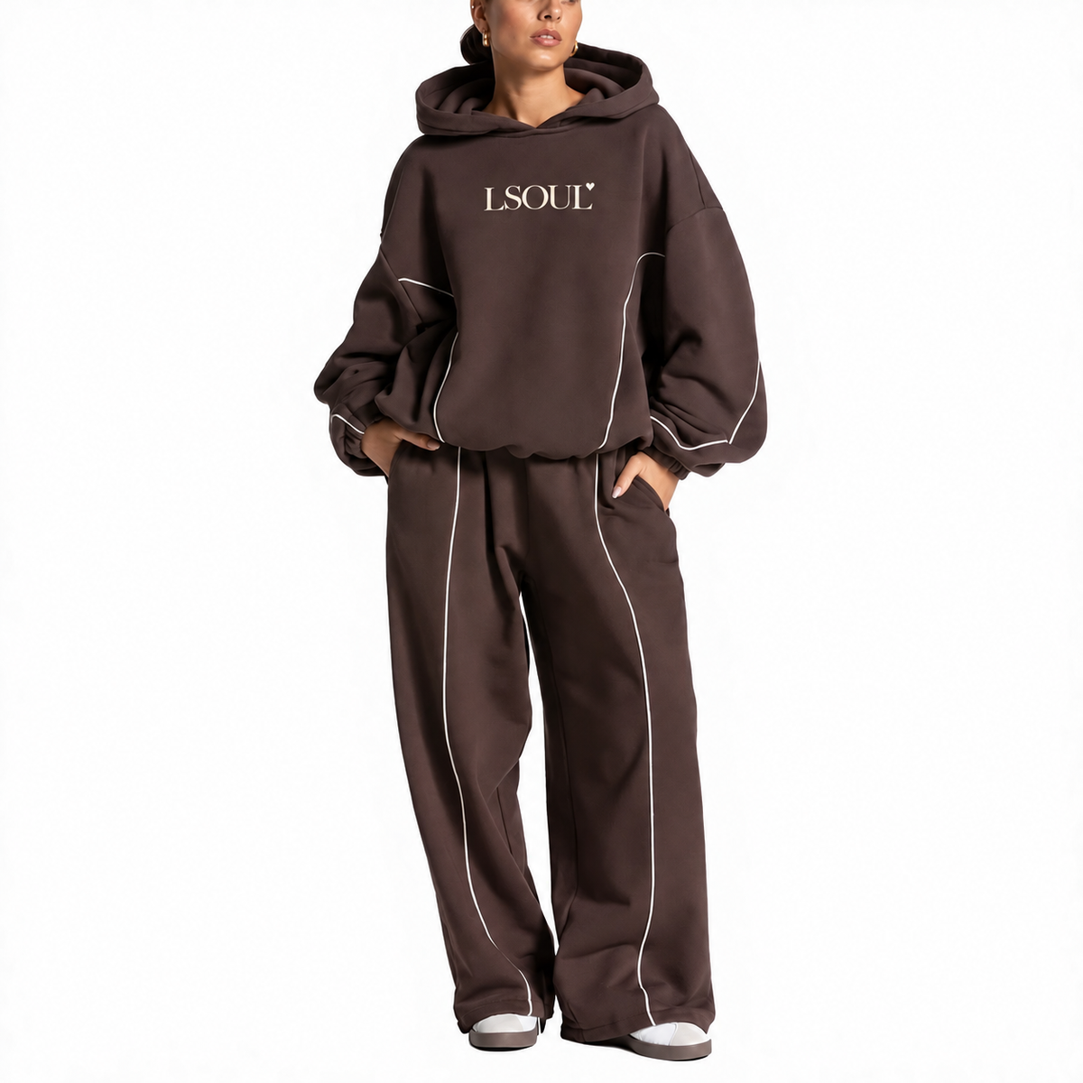 Brown hoodie and pants set with ivory LSOUL heart chest logo; digital mockup