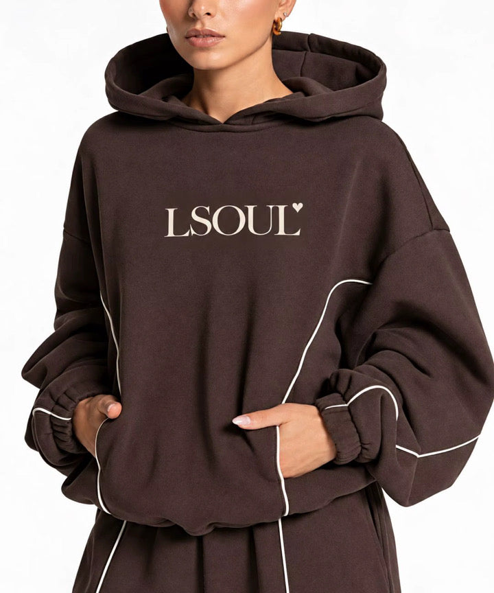 Brown hooded sweatshirt with LSOUL heart logo